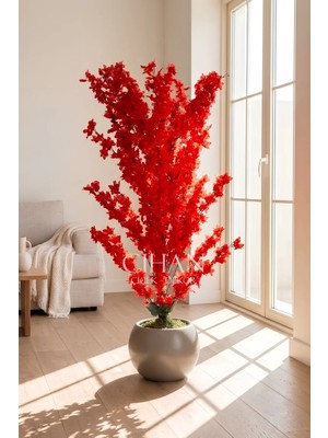 Cihan Çiçekçilik Yapay Kırmızı Sakura Kiraz Çiçeği Ağacı 120 cm - Küre Plastik Saksılı 27X33 cm Saksı