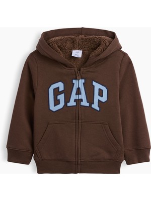 Gap Erkek Bebek Kahverengi Sherpa Astarlı Logo Fermuarlı Sweatshirt