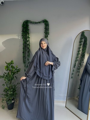 Yüsra Collection Tesettür Liza Kol Bağlama Elbise ve Gölgeli Oval Sufle 2'li Takım