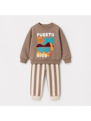 Yiğit Butik Erkek Çocuk Baskılı Sweatshirt Çizgili Pantolon Alt Üst Takım