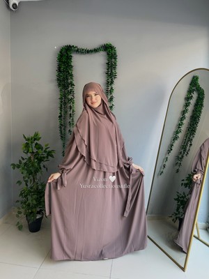 Yüsra Collection Tesettür Liza Kol Bağlama Elbise ve Gölgeli Oval Sufle 2'li Takım