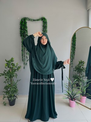 Yüsra Collection Tesettür Liza Kol Bağlama Elbise ve Gölgeli Oval Sufle 2'li Takım