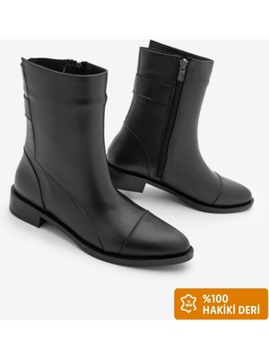 Marjin Kadın Hakiki Deri Günlük Bot Fermuarlı Tekas Siyah