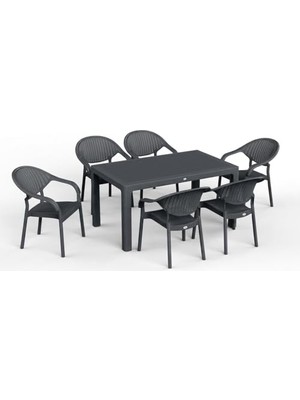 Odea 90 x 150 Bambu Plastik Rattan Camsız Bahçe Balkon Teras Masa Sandalye Takımı 6 Kolçaklı Sandalyeli (Antrasit)