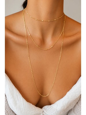 Balevien Gold Renk Katmanlı Çoklu Choker ve Uzun Zincir Kolye Kombini