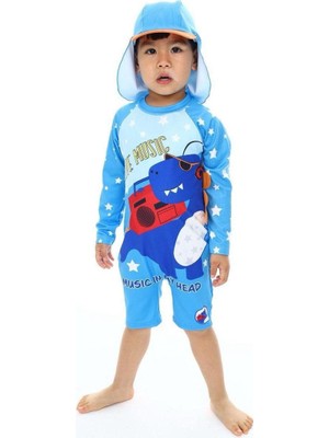 Neat Kids Erkek Çocuk Dinazor Şapkalı Fermuarlı Uzun Kollu 2 Parça Mayo