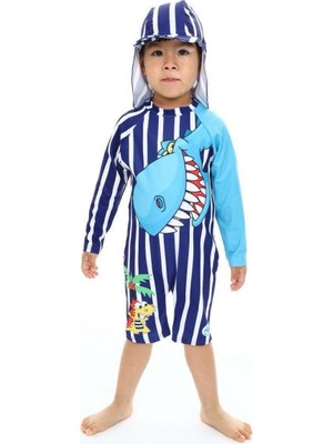 Neat Kids Erkek Çocuk Dinazor Şapkalı Fermuarlı Uzun Kollu 2 Parça Mayo