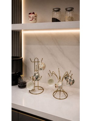 Edora Home 2’li Set Parlak Altın 6 Kancalı Yuvarlak Bardak Askılık 6 Bölmeli Dik Bardak Askılık Mutfak Seti