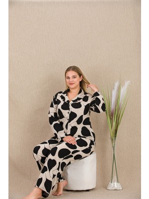 L'ombre Büyük Beden Siyah Beyaz Kalp Desenli Düğmeli Uzun Kol Viskon Pijama Takımı