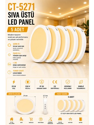 Yenilig 5 Adet CT-5271 Sıva Üstü LED Panel 25W  Beyaz Kasa – 21 cm Çap 2600 Lümen