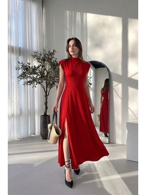 Alfudo Moda Collection Bisiklet Yaka Yırtmaçlı Maxi Elbise