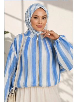 Harma Time Butik Kadın Fermuarlı Modal Kumaş Ahenk Mavi Ceket