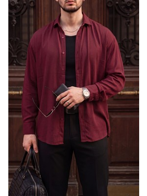 Teenage Millionaire Denver Bordo Renkli Ağaç Kabuğu Desenli Yarım Oversize Rahat Kalıp Gömlek