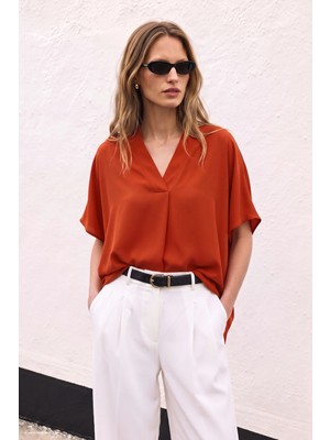Sateen Geniş Kısa Kollu Bluz - Mercan