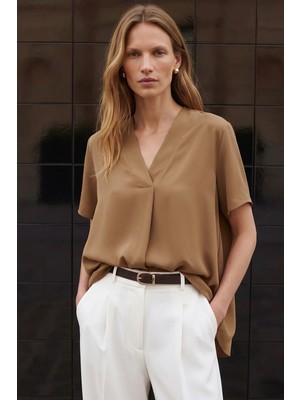 Sateen Geniş Kısa Kollu Bluz - Camel