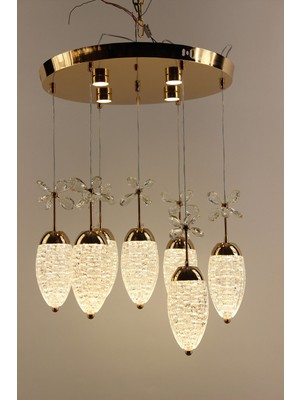 GN Gen Aydınlatma Modern Gold Çemberli Seri 6lı Kristalize Kozalak Formlu Kristal Kelebekli 3 Renk LED Sarkıt Avize