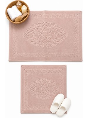 TAIBA COTTON Osmanlı %100 Pamuk 2'li Banyo Paspası, Yıkanabilir Su Emici Klozet Takımı - 60X100 + 50X60 cm - Pudra