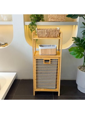 Empressco Aureno Bambu Kirli Çamaşır Sepeti 2 Katlı Raflı Banyo Dolabı 95X40X30 cm