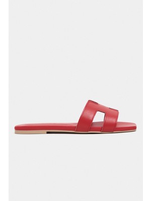 Nişantaşı Shoes Mavora Kırmızı Mat Deri H Bant Kadın Terlik