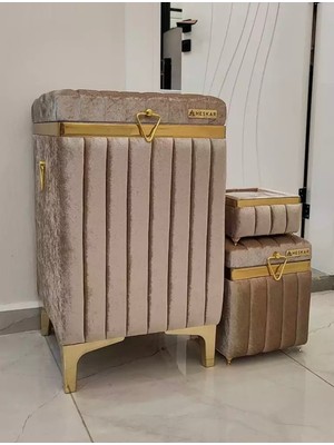 Empressco 3 Parça Kare Kapuçino Renk Altın Şeritli Lüks Kadife Banyo Kirli Çamaşır Sepeti