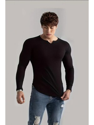 Oksit Neso Erkek Muscle Fit V-Yaka Fitilli Uzun Kollu Tişört - Kaslı ve Şık Bir Görünüm Için
