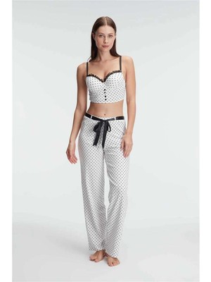 L'ombre Fantezi Bralet Sütyen Pamuklu Puantiye Desenli Desteksiz Dantel Detaylı Pijama Takımı