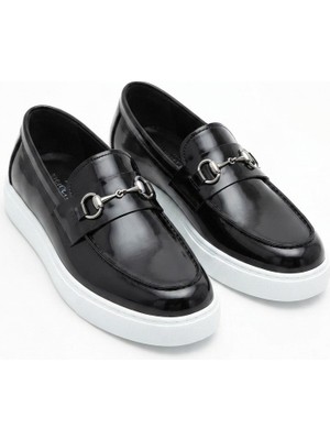 Zerenyus ZRK-X027 Premium Siyah Beyaz Rugan G Tokalı Bağcıksız Erkek Loafer