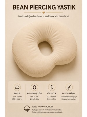 Moonzy Minimalist & Cozy  Bean Piercing Yastığı, Yan Yatanlar Için Boyun Destekli,  %100 Pamuk Poplin
