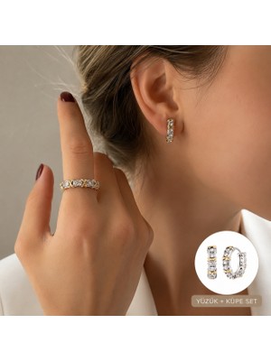 Alsem Store Gold Gümüş Detaylı Baget Taşlı Tamtur Yüzük ve Küpe Seti , Sevgiliye Premium Hediye