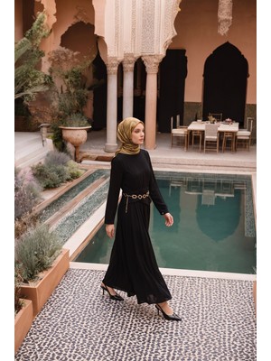 Armine Trend Kemer Detaylı Uzun Kollu Maksi Elbise 148 cm Boy Siyah 26YT902
