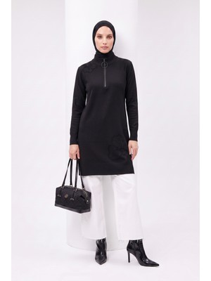 Armine Çiçek Desenli Triko Tunik 25KTD4111 Siyah