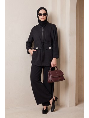 Armine Trend Doğal Kumaş Fermuarlı Beli Büzgülü Süs Cep Detaylı Tunik Siyah 26YT424