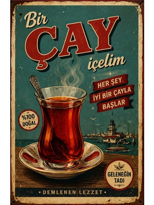 Lucena Retro Çay Metal Duvar Tabelası Vintage Türk Çayı Dekoratif Metal Levha 15X20 cm