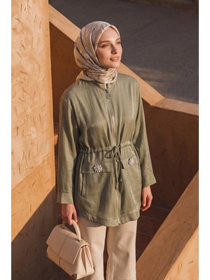 Armine Trend Doğal Kumaş Fermuarlı Beli Büzgülü Süs Cep Detaylı Tunik Küf Yeşili  26YT424