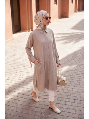 Armine Trend Doğal Kumaş Asimetrik Dikiş Detaylı Gömlek Yaka Tunik 118 cm Boy Vizon 26YT478