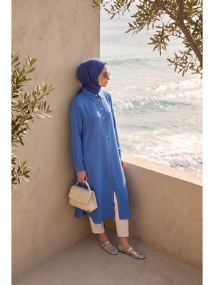 Armine Trend Tam Boy Düğmeli  Gömlek Yaka 110 cm Boy Rahat Kesim Tunik Indigo 26YT484