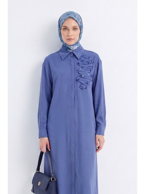 Armine Trend Gizli Patlı Tam Boy Düğmeli Gömlek Yaka 120 cm Boy Tunik Indigo 26YT417