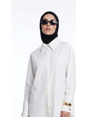 Armine Trend Doğal Kumaş  Gizli Patlı Tam Boy Düğmeli Oversize Basic Gömlek Ekru 26YT304