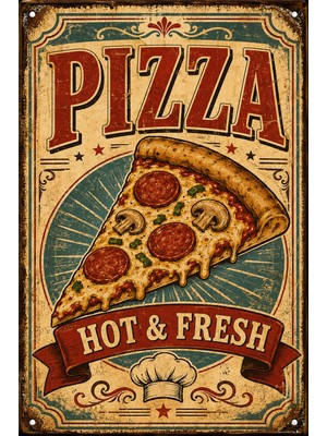 Lucena Pizza Hot & Fresh Retro Metal Duvar Tabelası Vintage Mutfak Dekoru 15X20 cm