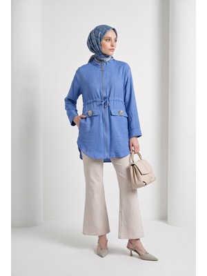 Armine Trend Doğal Kumaş Fermuarlı Beli Büzgülü Süs Cep Detaylı Tunik  Indigo 26YT424
