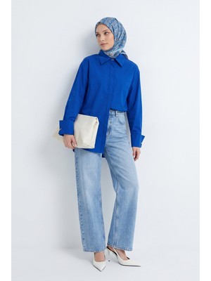 Armine Trend Doğal Kumaş  Gizli Patlı Tam Boy Düğmeli Oversize Basic Gömlek Indigo 26YT304