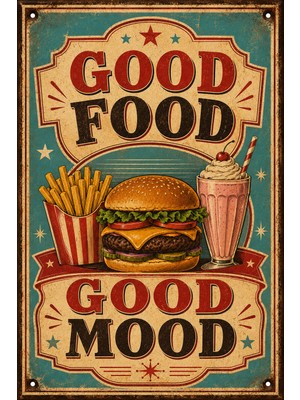 Lucena Good Food Good Mood Retro Metal Duvar Tabelası Vintage Diner Mutfak Dekoru 15X20 cm
