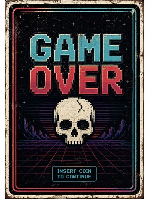 Lucena Game Over Retro Gamer Metal Duvar Tablosu - Oyuncu Odası Dekoratif Vintage Tabela 15X20 cm
