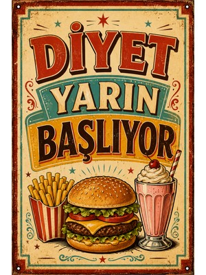 Lucena Diyet Yarın Başlıyor Retro Metal Duvar Tabelası Vintage Mutfak Dekoru 15X20 cm