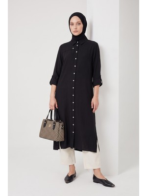 Armine Trend Doğal Kumaş Gömlek Yaka Tam Boy Düğmeli Cep Detaylı 125 cm Boy Tunik Siyah 26YT404