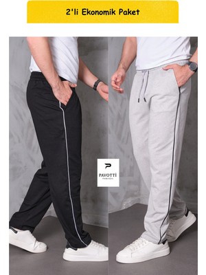 Pavotti Erkek Iki Iplik Yan Biyeli 2'li Ekonomik Paket ((Siyah/gri)) Baggy Eşofman Altı ((Geniş Kalıp))