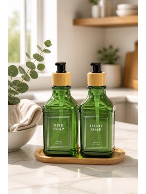 Romans Bambu Tepsili Ikili Cam Sıvı Sabunluk ve Deterjanlık 500 ml