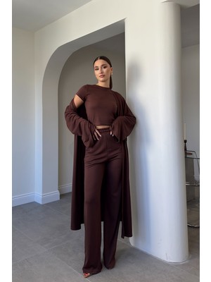 Magarde Bluz Pantolon Kimono Takım- Kahverengi