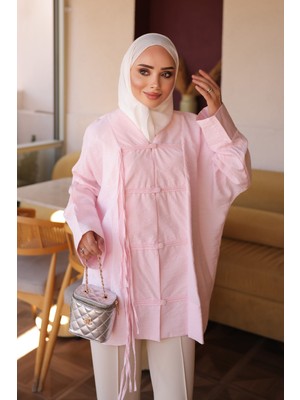 İmaj Butik Pembe Ip Detaylı Biritli Gömlek