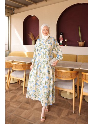 İmaj Butik Mavi Yarım Düğmeli Kol Lastikli Desenli  Elbise